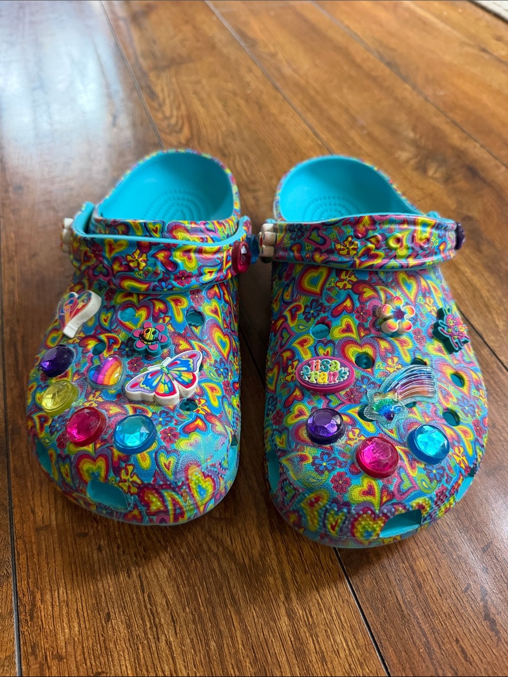 CROCS Turquoise Multi-Color Heart & Floral Print Slip-Ons with Charms
